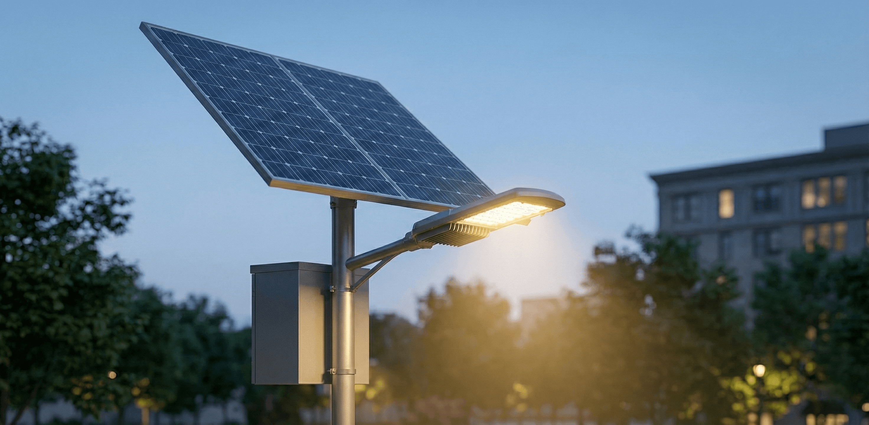 Solar street light illuminating urban park at night - High-efficiency LED output