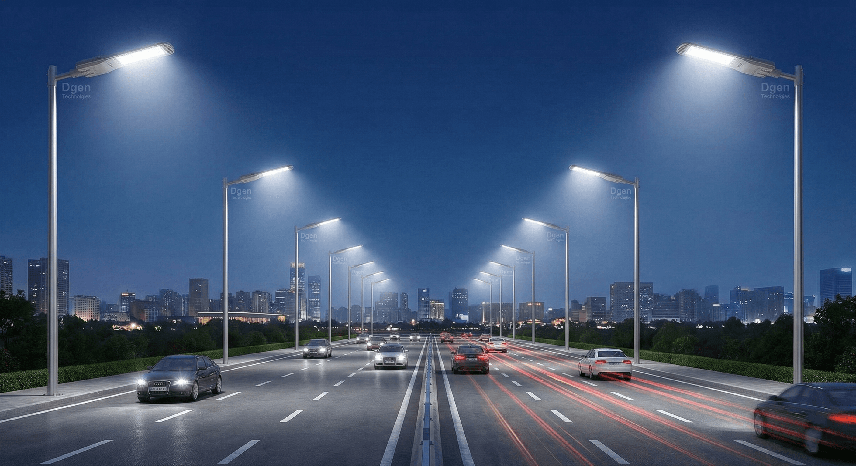 Wide angle view of Dgen Technologies LED street lights illuminating a highway bridge at night
